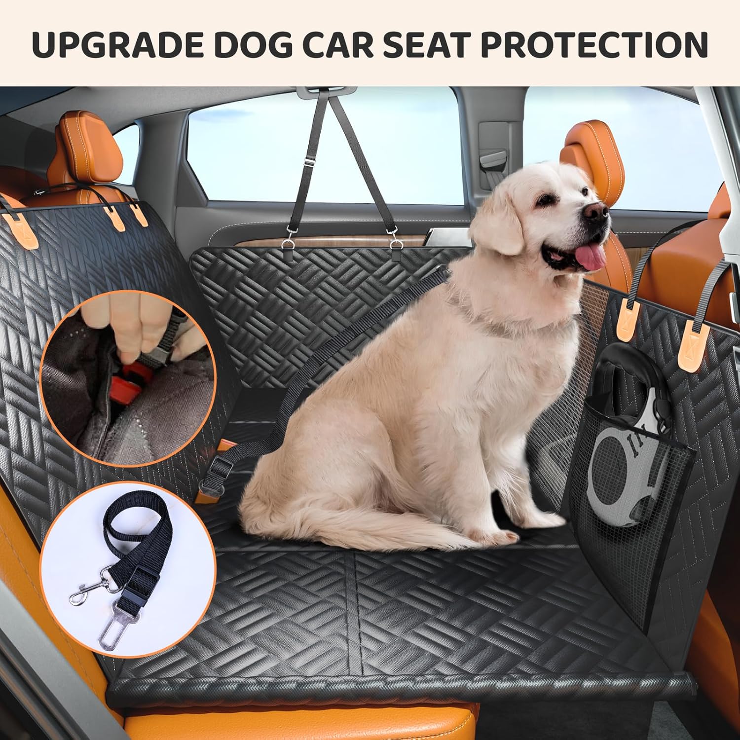 Dog sitting safely on non-slip waterproof car seat cover during travel
