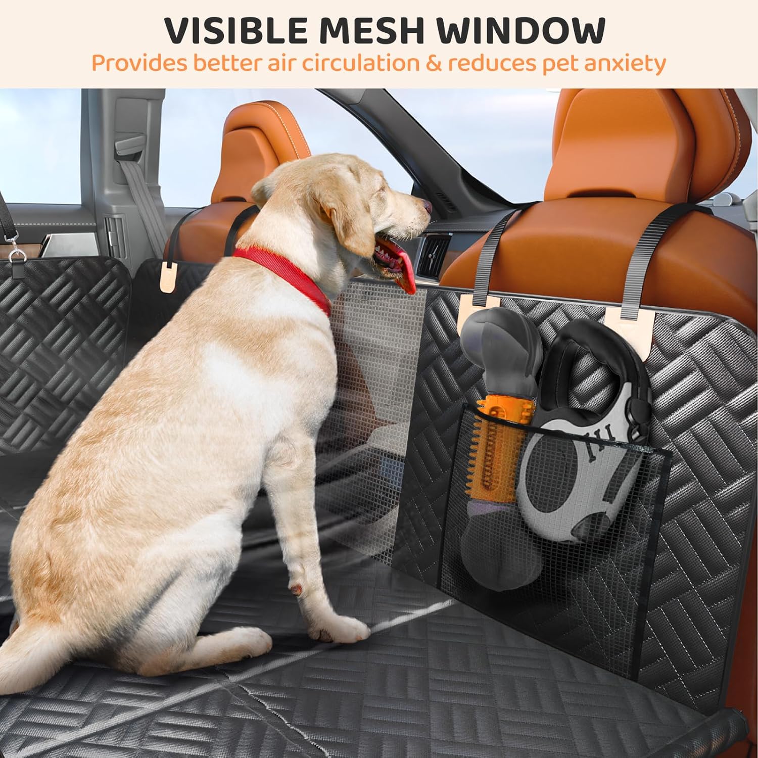 Dog sitting comfortably on a premium waterproof car seat cover with breathable mesh window
