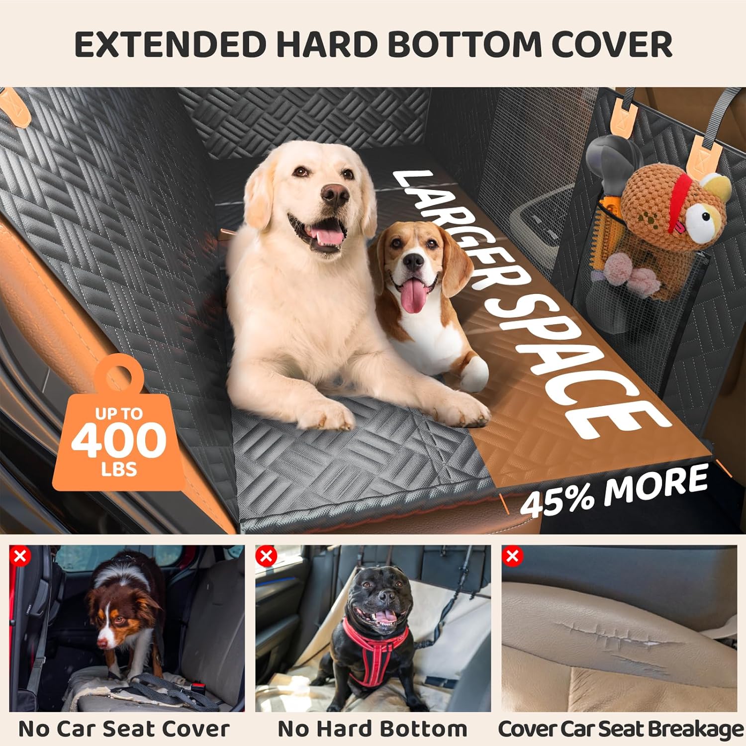 Dog car seat cover with extended hard bottom support for large dogs
